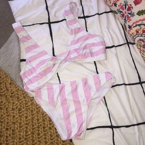 Zaful light pink & white striped bikini
